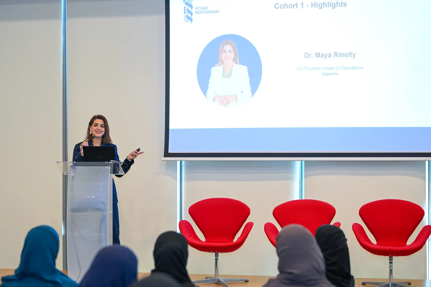 Dr. Maya Rmeity Co-Founder of Impactiv presenting Athar Cohort 1 highlights at Khalifa University